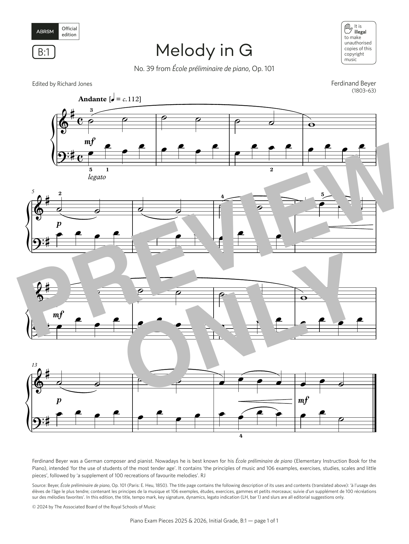 Ferdinand Beyer Melody in G (Grade Initial, list B1, from the ABRSM Piano Syllabus 2025 & 2026) sheet music notes and chords arranged for Piano Solo