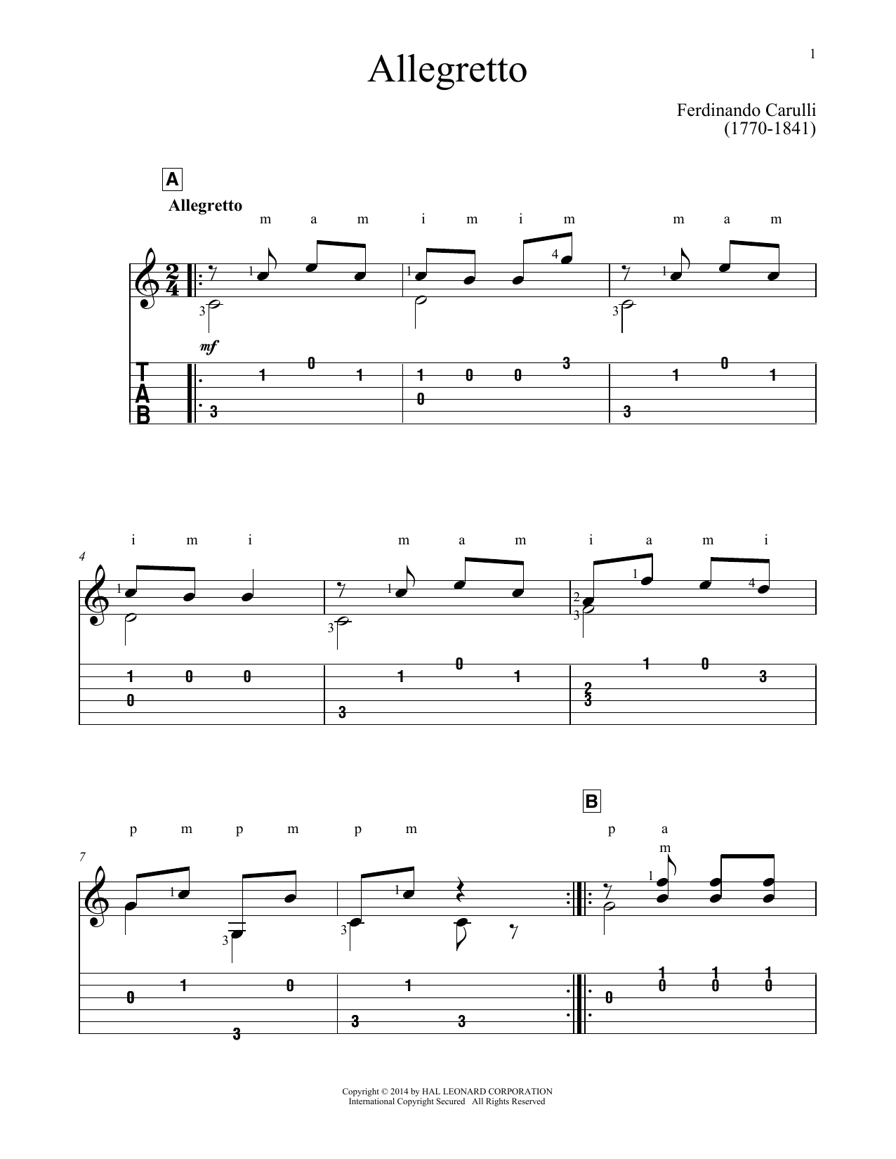 Ferdinando Carulli Allegretto sheet music notes and chords arranged for Solo Guitar
