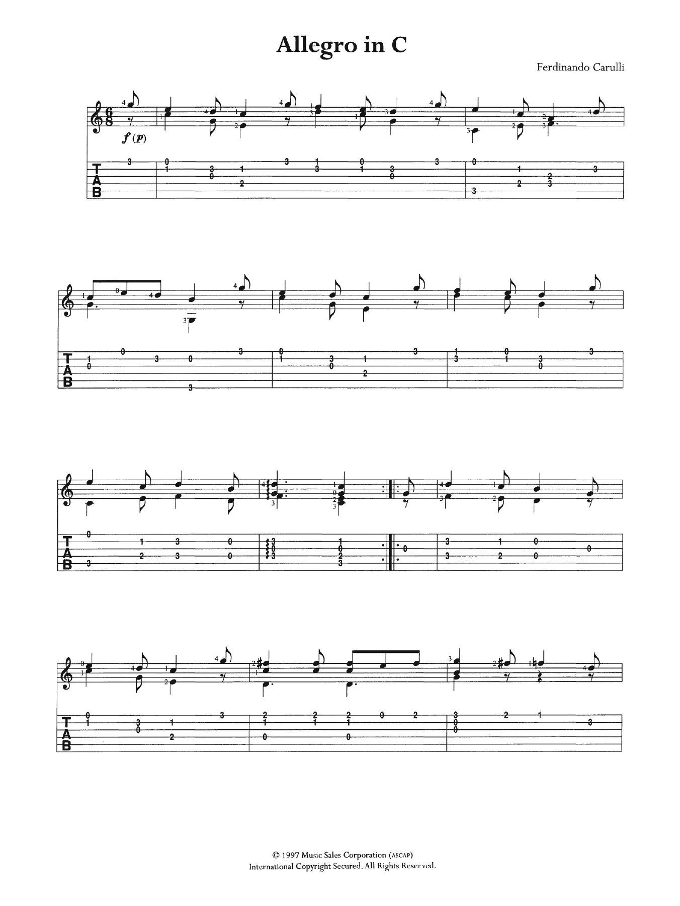 Ferdinando Carulli Allegro In C sheet music notes and chords arranged for Guitar Tab