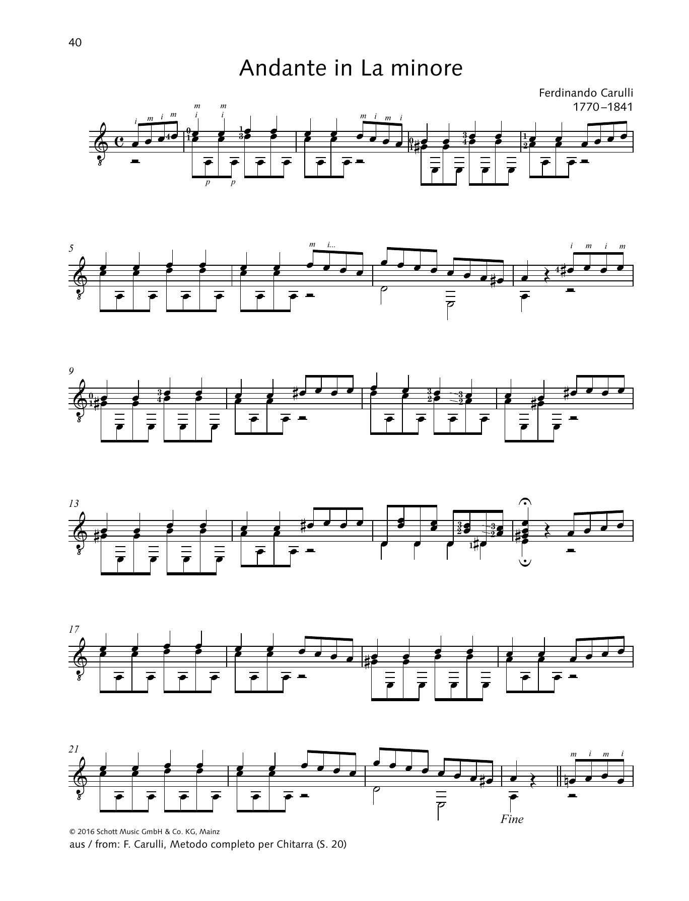 Ferdinando Carulli Andante in La minore sheet music notes and chords arranged for Solo Guitar