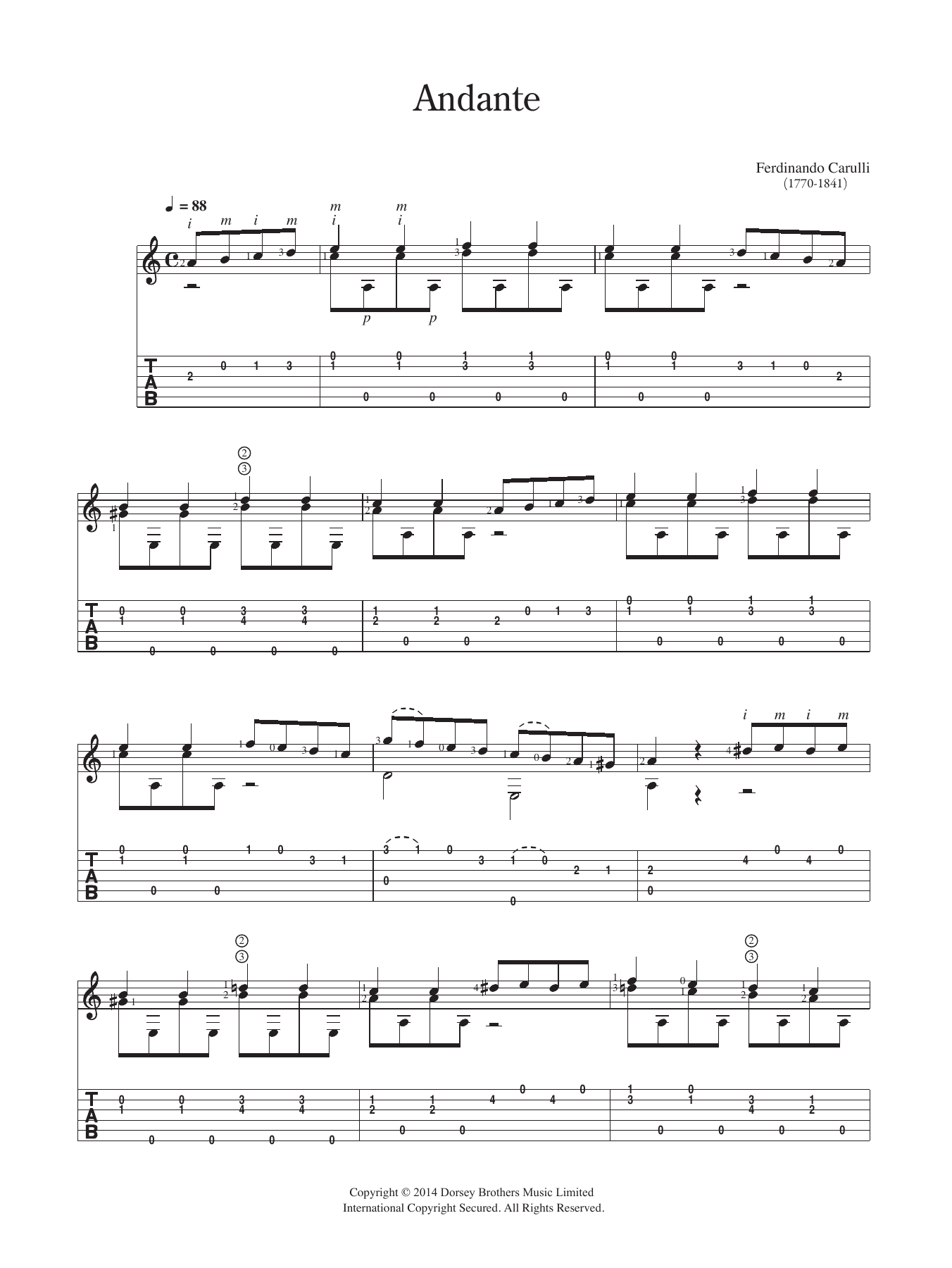 Ferdinando Carulli Andante sheet music notes and chords arranged for Easy Guitar