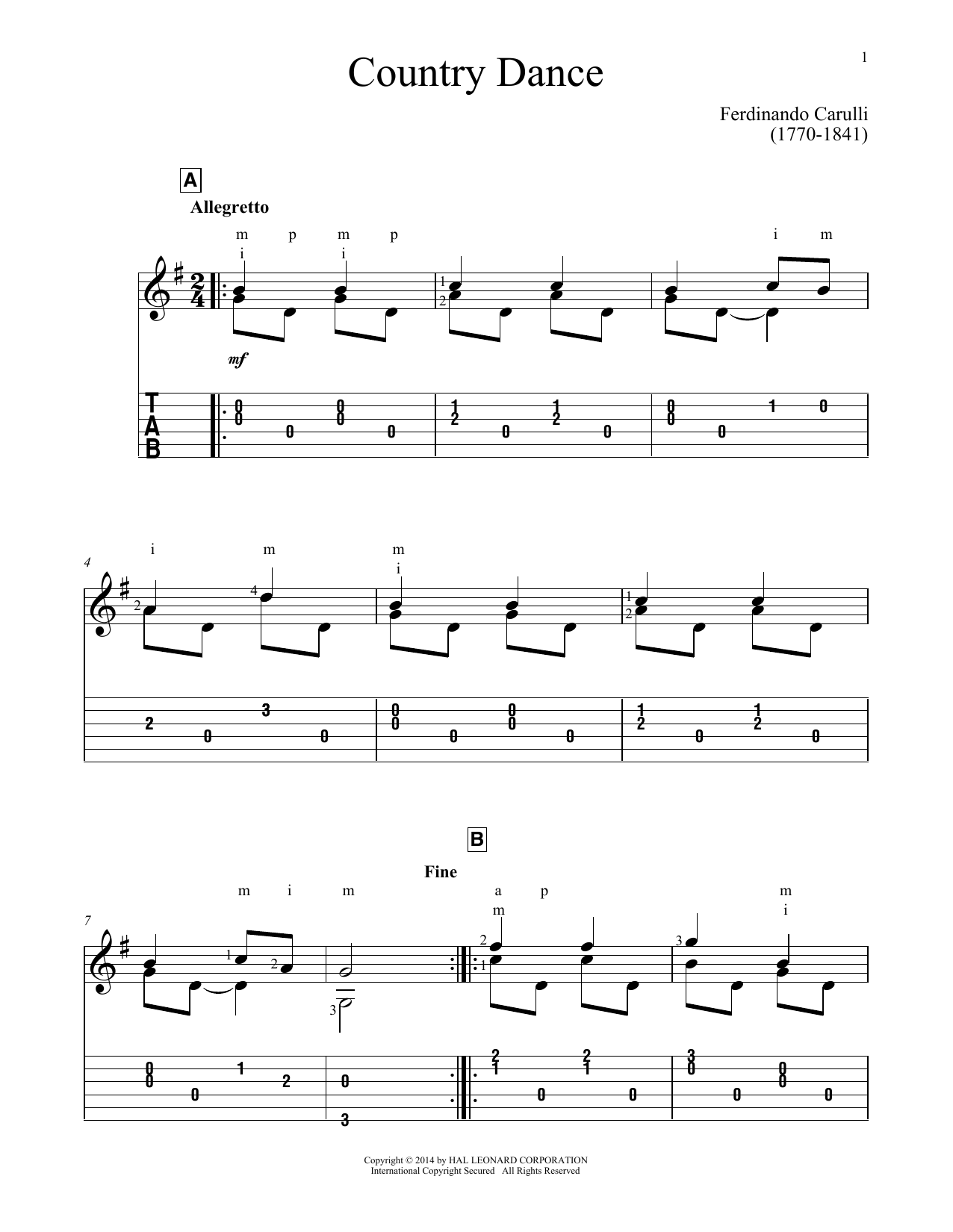 Ferdinando Carulli Country Dance sheet music notes and chords arranged for Solo Guitar