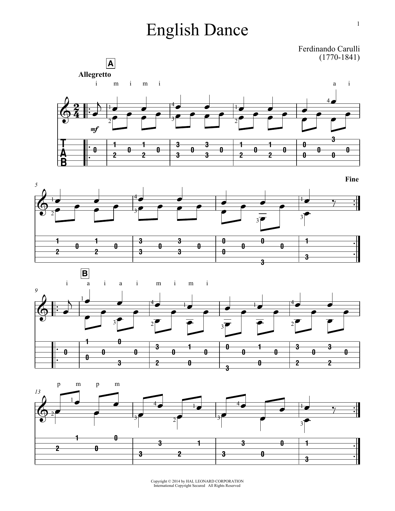 Ferdinando Carulli English Dance sheet music notes and chords arranged for Solo Guitar
