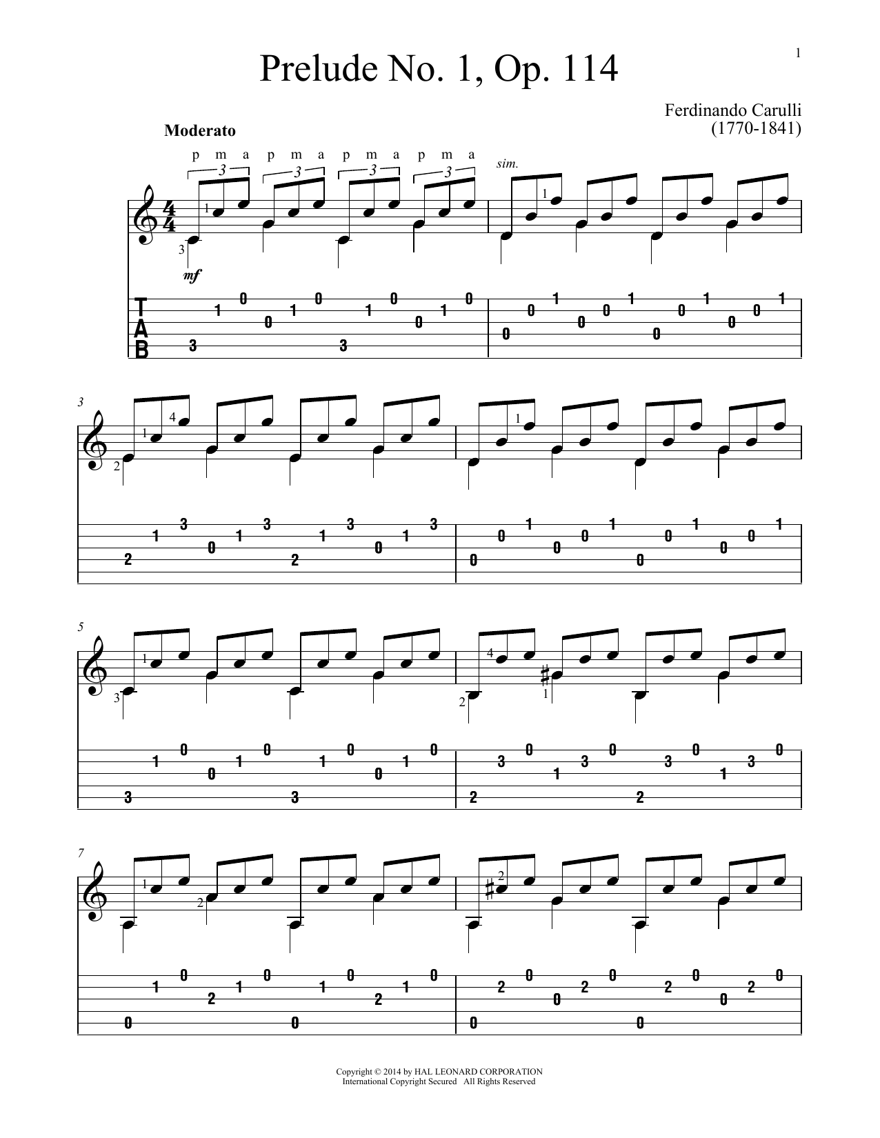 Ferdinando Carulli Prelude No. 1, Op. 114 sheet music notes and chords arranged for Solo Guitar