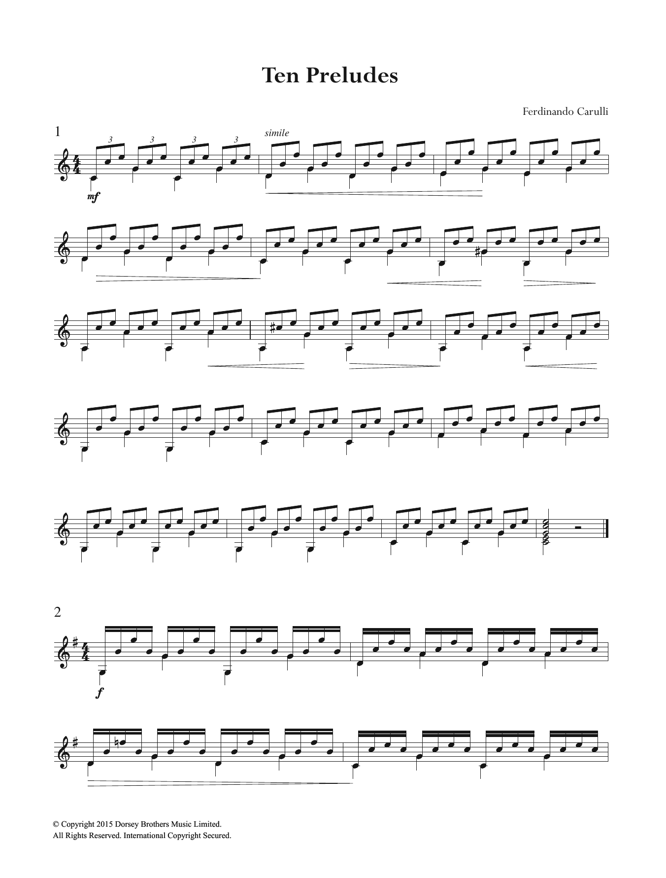 Ferdinando Carulli Ten Preludes sheet music notes and chords arranged for Easy Guitar