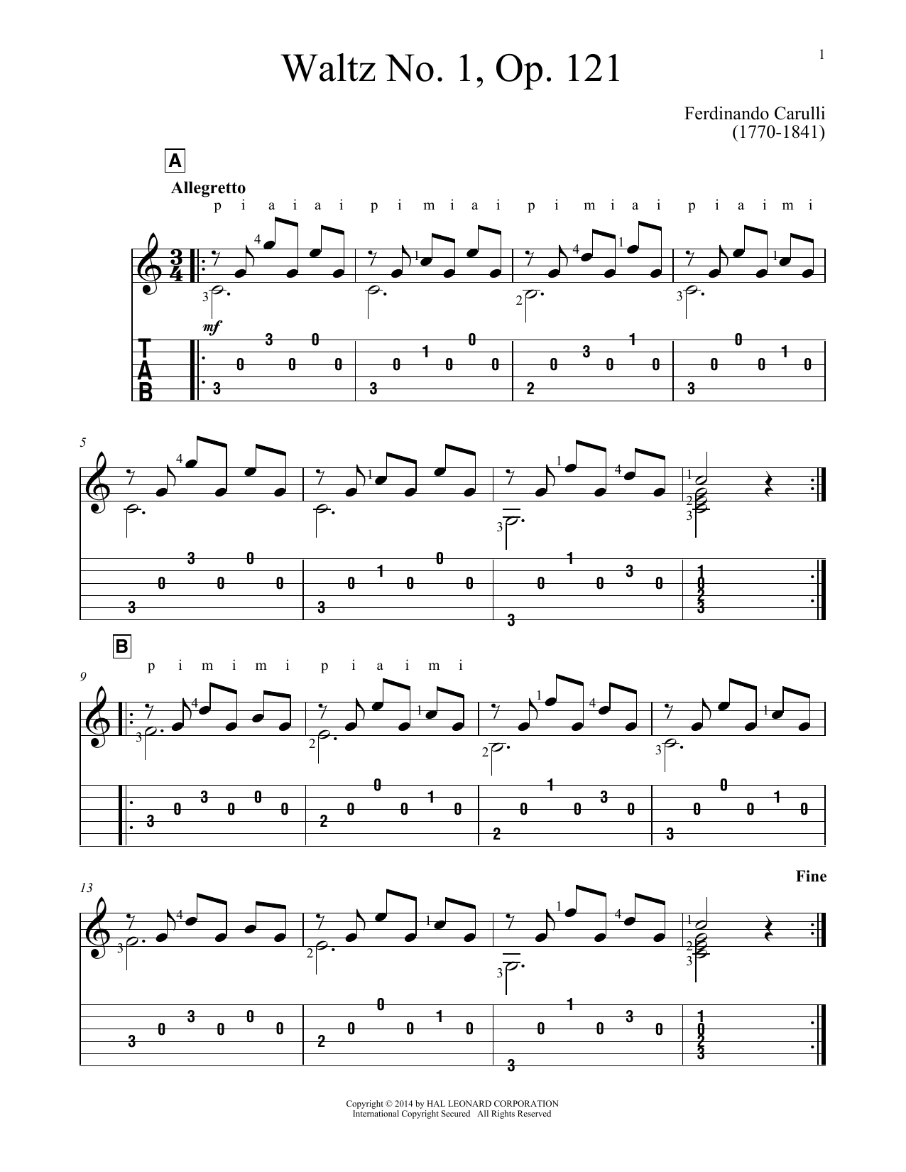 Ferdinando Carulli Waltz No. 1 sheet music notes and chords arranged for Solo Guitar