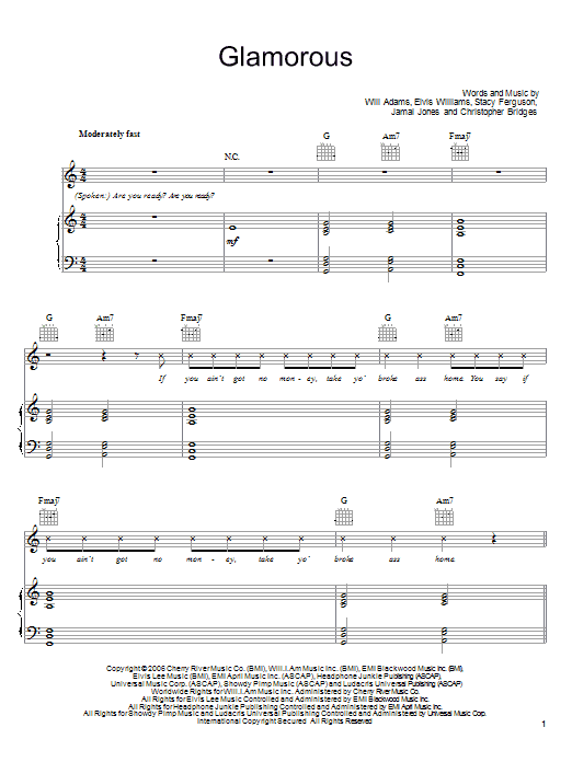 Fergie featuring Ludacris Glamorous sheet music notes and chords arranged for Piano, Vocal & Guitar Chords (Right-Hand Melody)