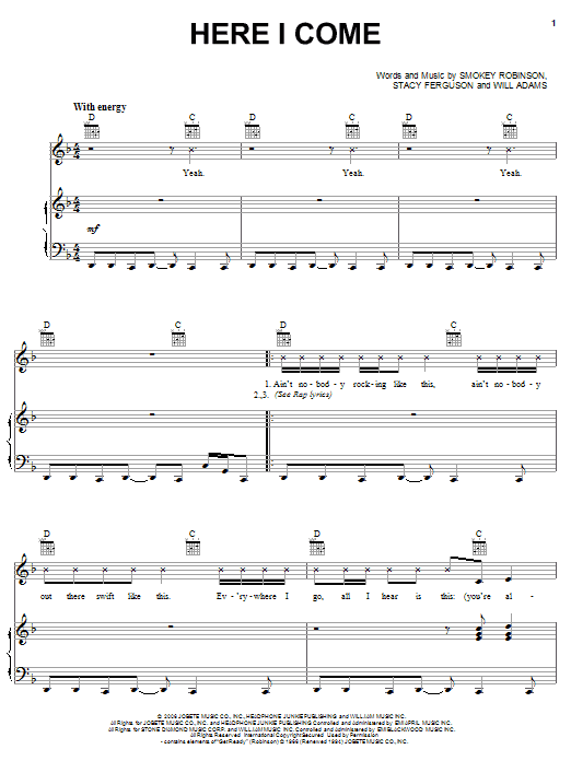 Fergie Here I Come sheet music notes and chords arranged for Piano, Vocal & Guitar Chords (Right-Hand Melody)