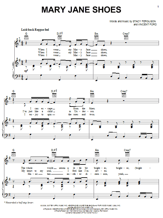 Fergie Mary Jane Shoes sheet music notes and chords arranged for Piano, Vocal & Guitar Chords (Right-Hand Melody)