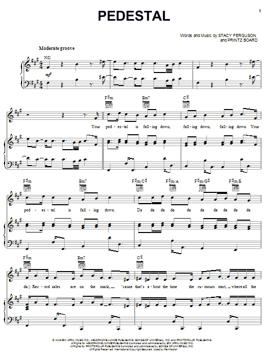 Fergie Pedestal sheet music notes and chords arranged for Piano, Vocal & Guitar Chords (Right-Hand Melody)