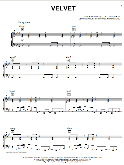 Fergie Velvet sheet music notes and chords arranged for Piano, Vocal & Guitar Chords (Right-Hand Melody)