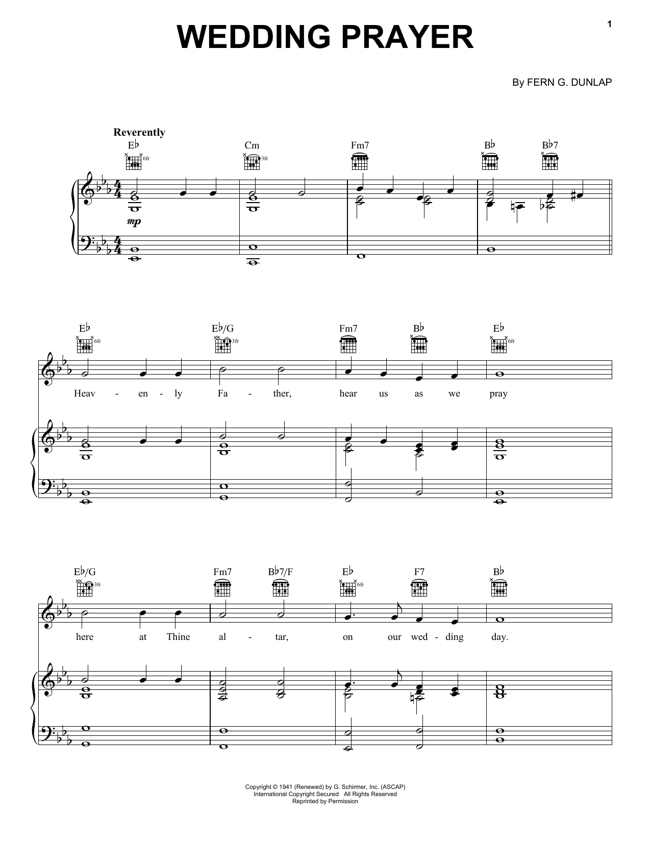 Fern G. Dunlap Wedding Prayer sheet music notes and chords arranged for Piano, Vocal & Guitar Chords (Right-Hand Melody)