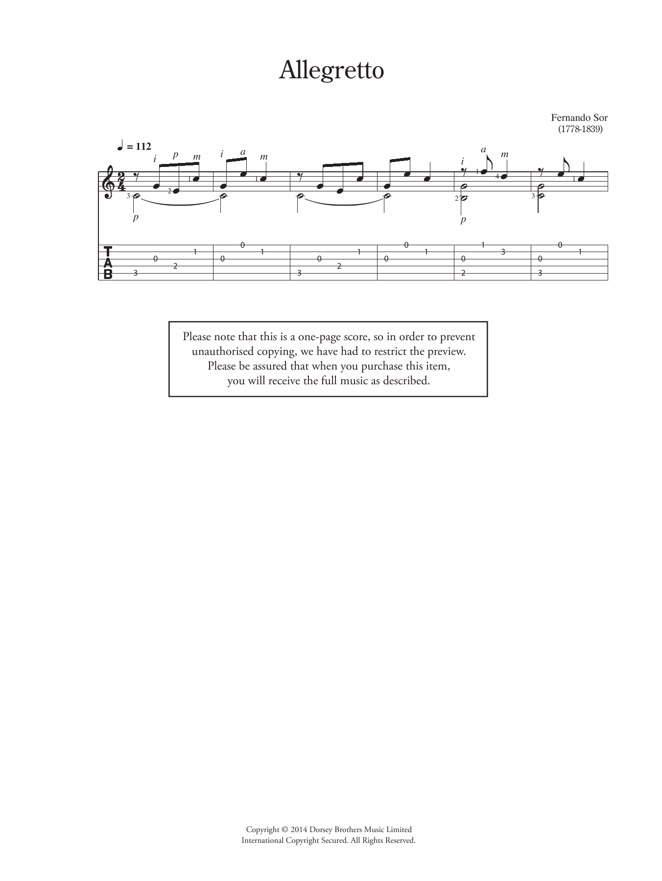 Fernando Sor Allegretto sheet music notes and chords arranged for Solo Guitar