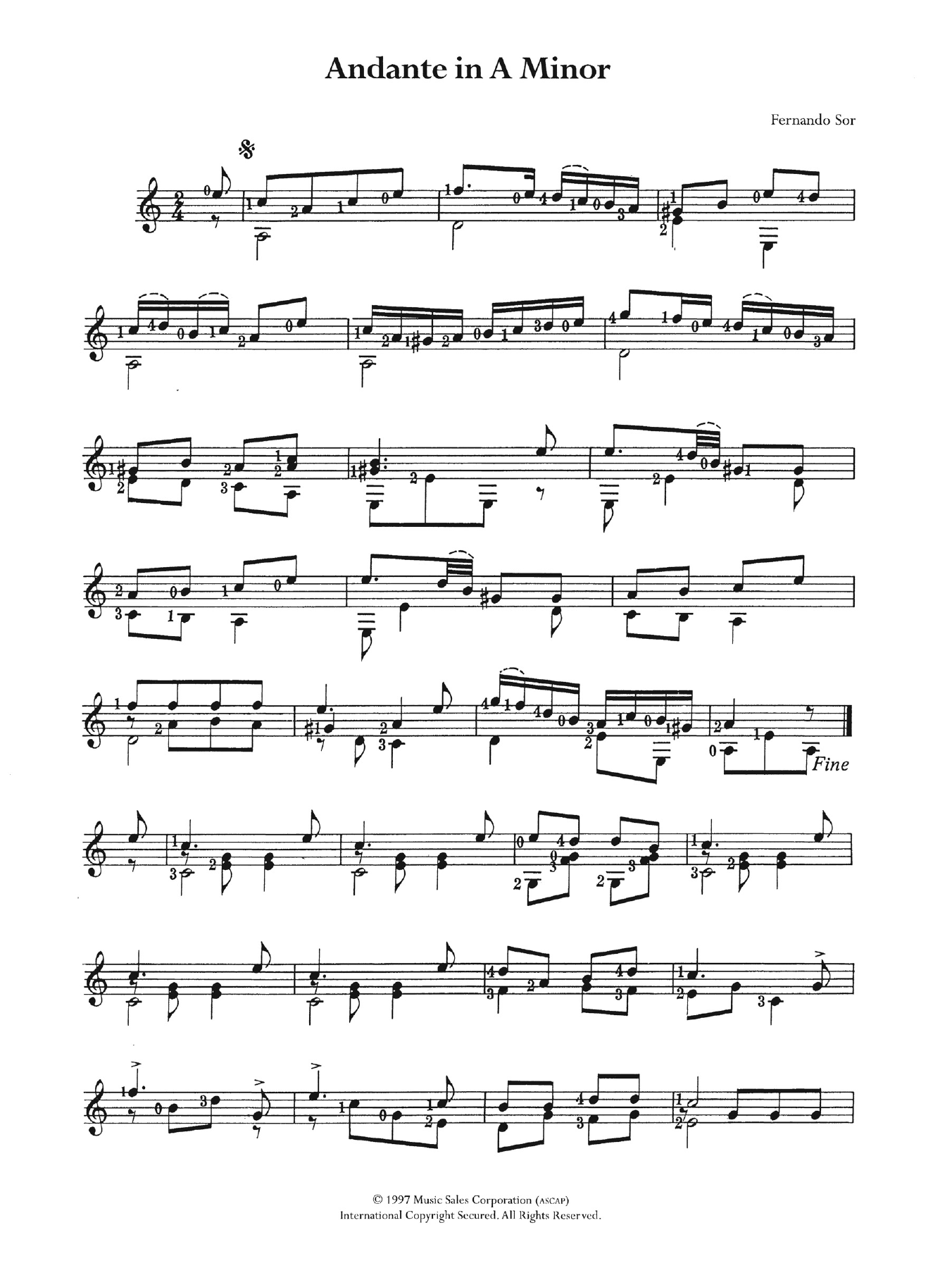 Fernando Sor Andante In A Minor sheet music notes and chords arranged for Easy Guitar