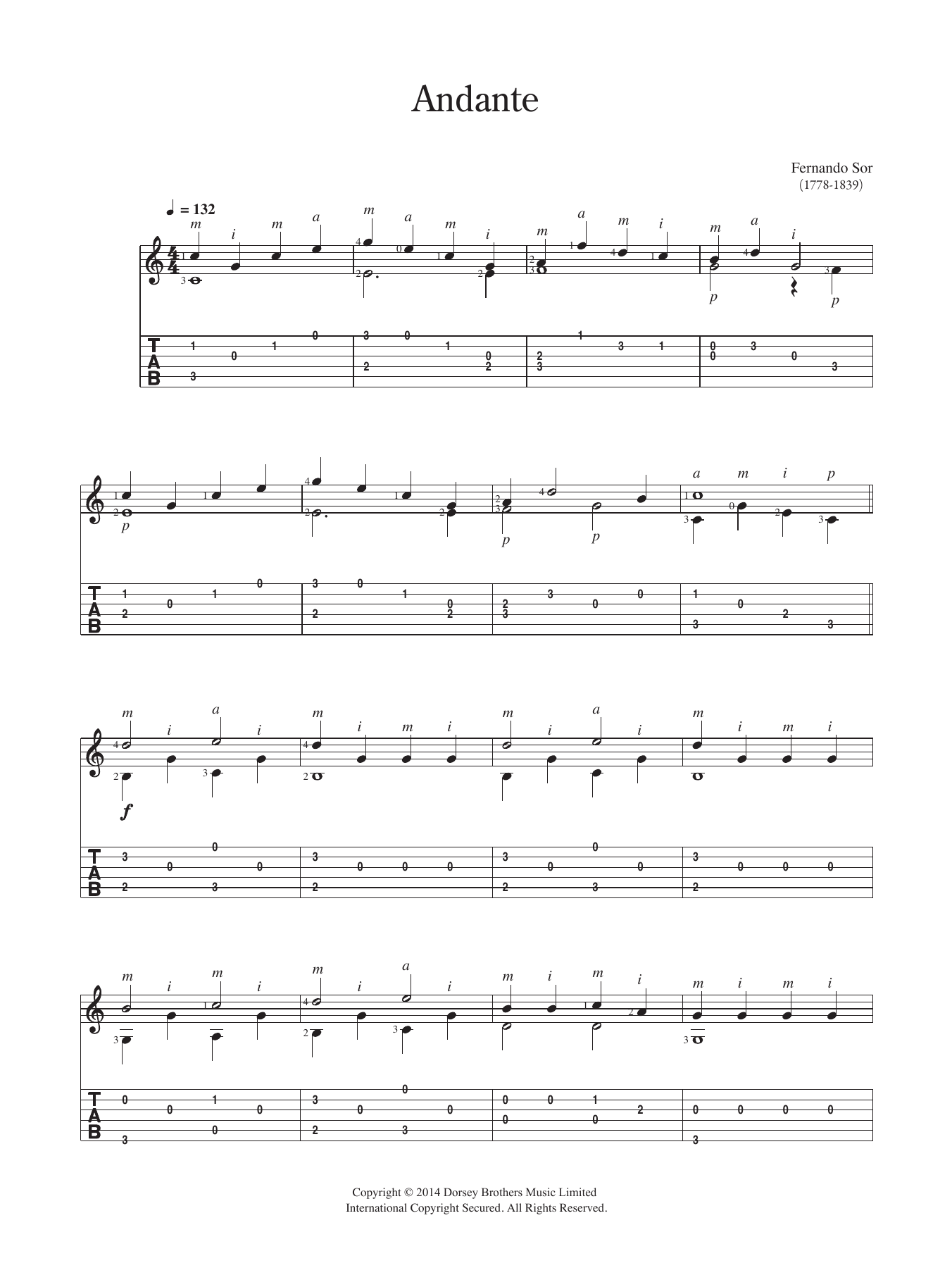 Fernando Sor Andante sheet music notes and chords arranged for Solo Guitar
