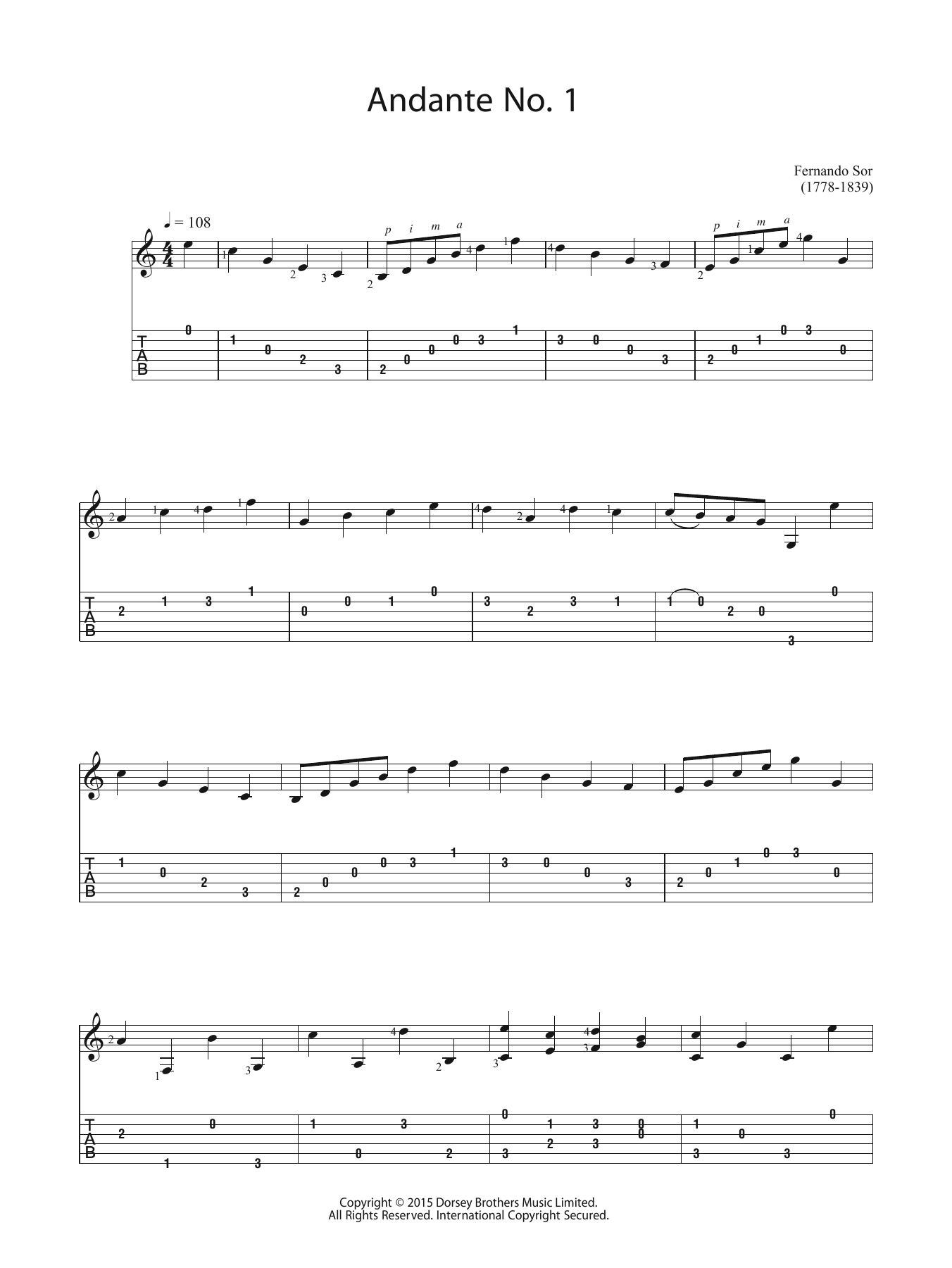 Fernando Sor Andante No. 1 sheet music notes and chords arranged for Easy Guitar