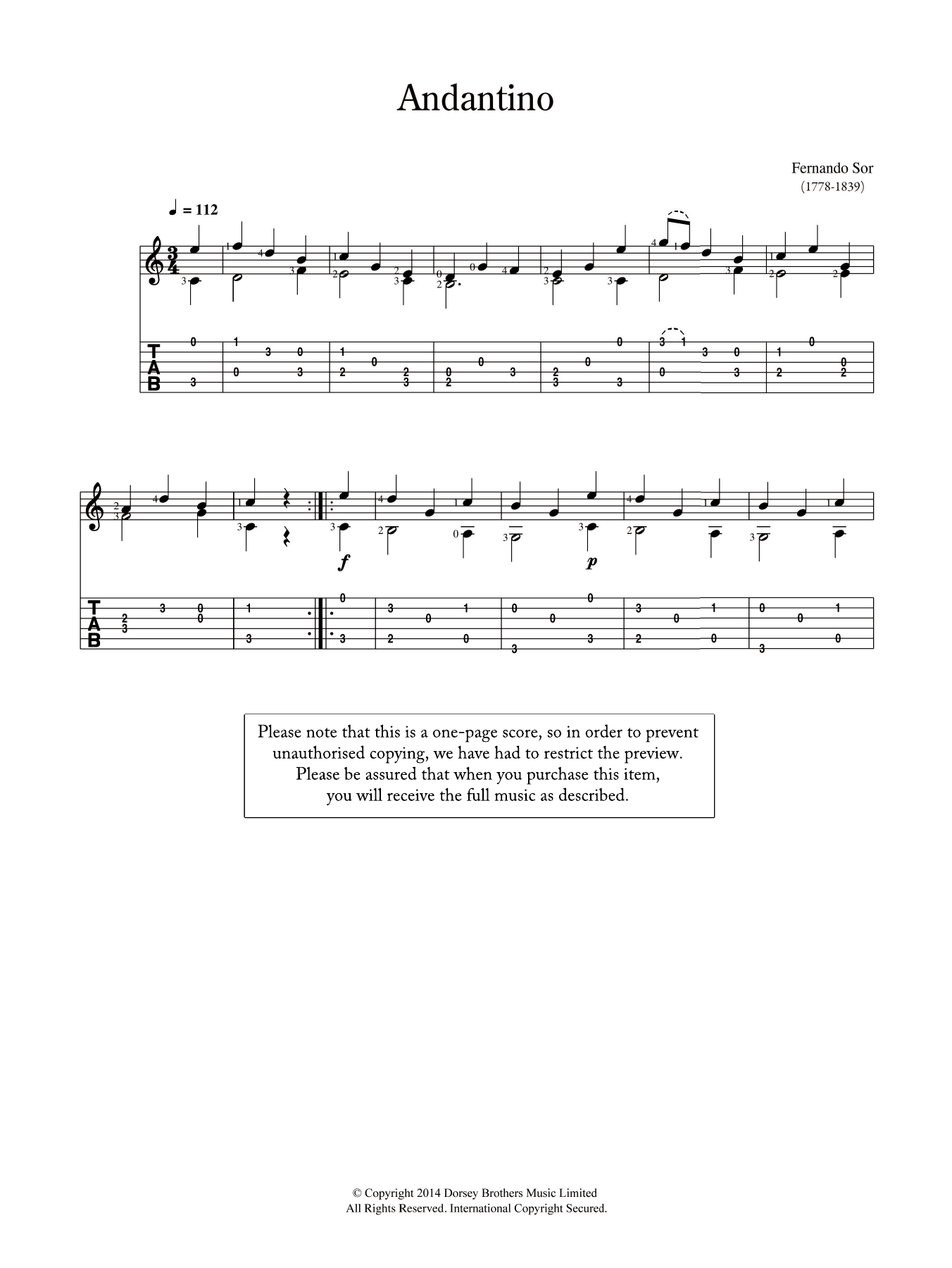 Fernando Sor Andantino sheet music notes and chords arranged for Solo Guitar