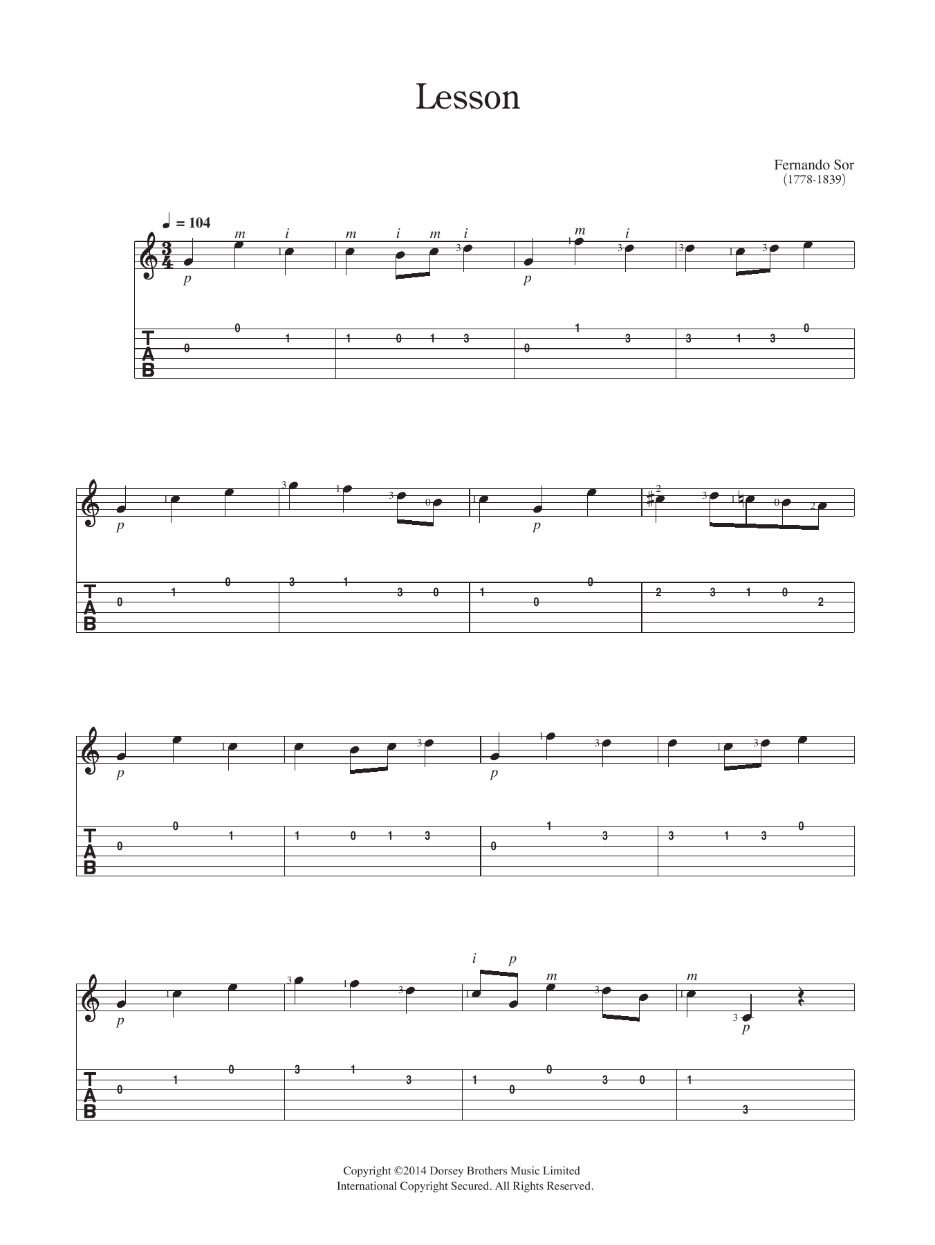 Fernando Sor Lesson sheet music notes and chords arranged for Solo Guitar