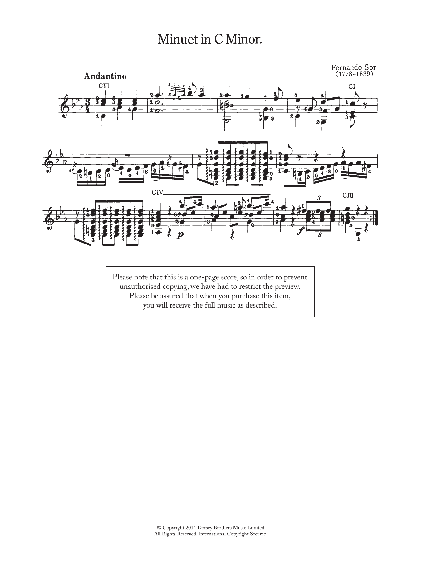 Fernando Sor Minuet In C Minor sheet music notes and chords arranged for Solo Guitar