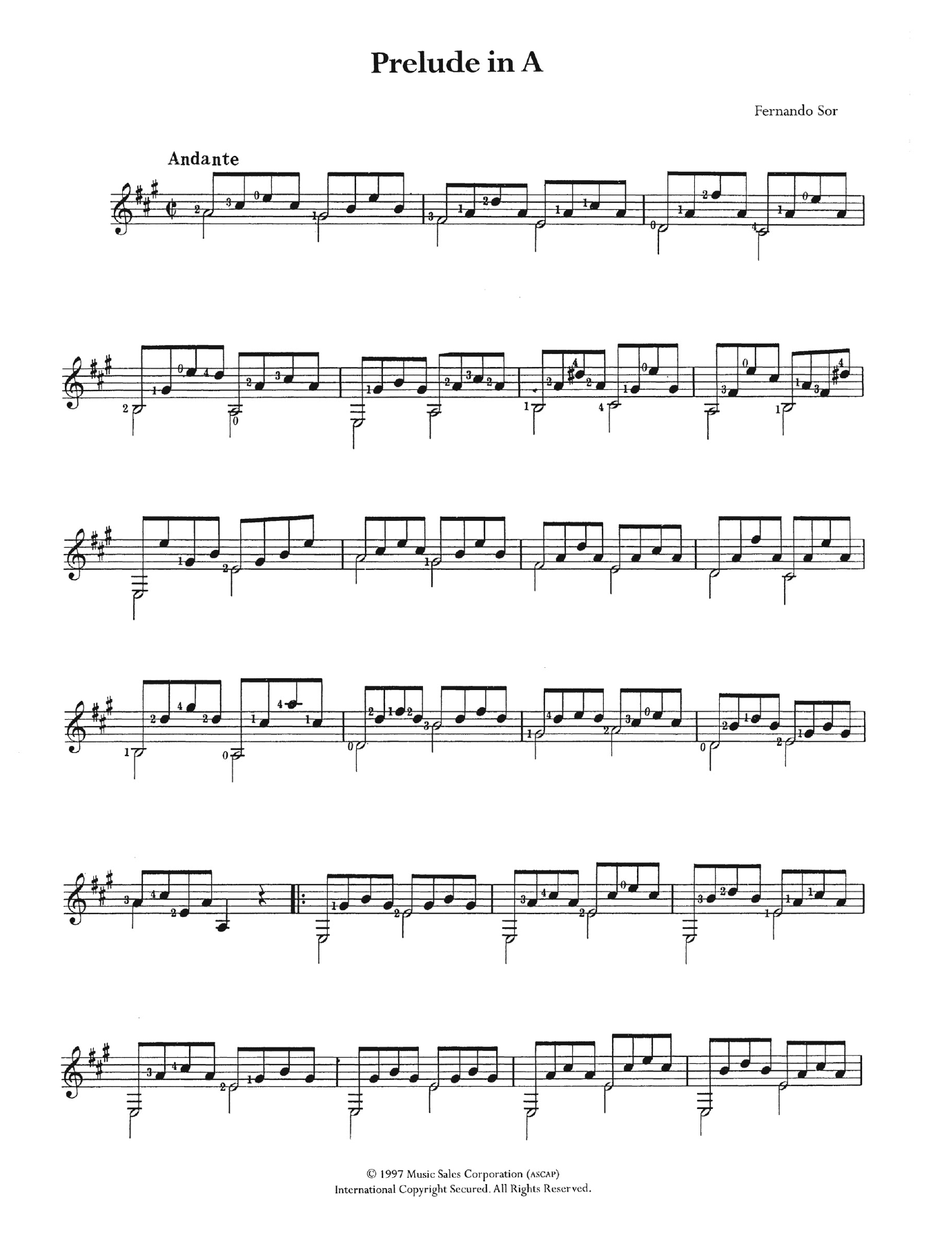 Fernando Sor Prelude In A sheet music notes and chords arranged for Easy Guitar