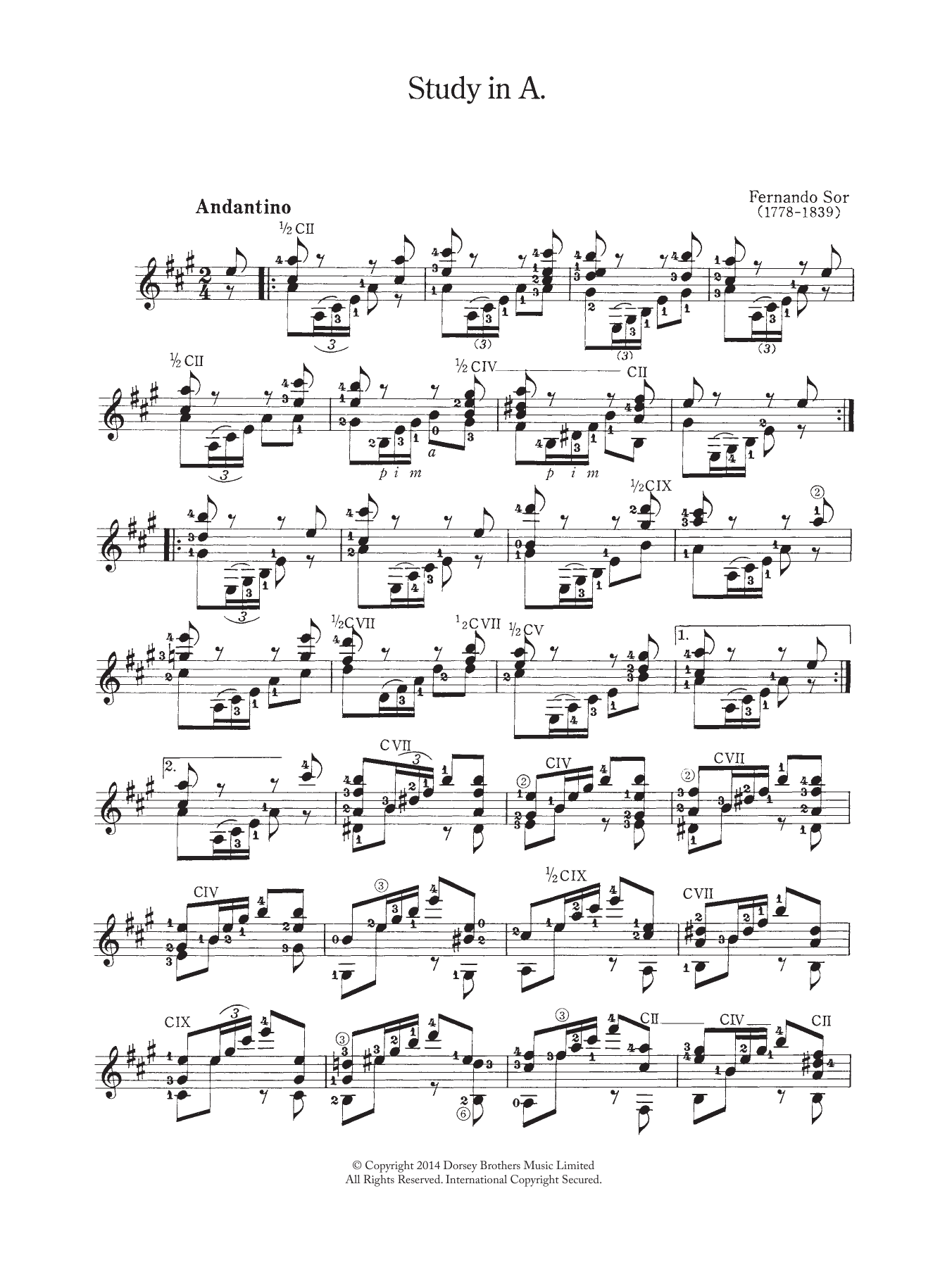 Fernando Sor Study In A sheet music notes and chords arranged for Easy Guitar