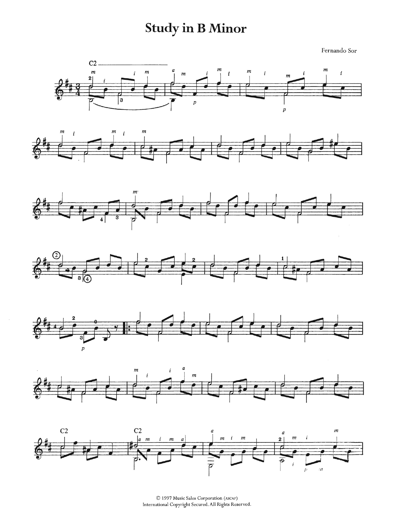Fernando Sor Study In B Minor sheet music notes and chords arranged for Easy Guitar