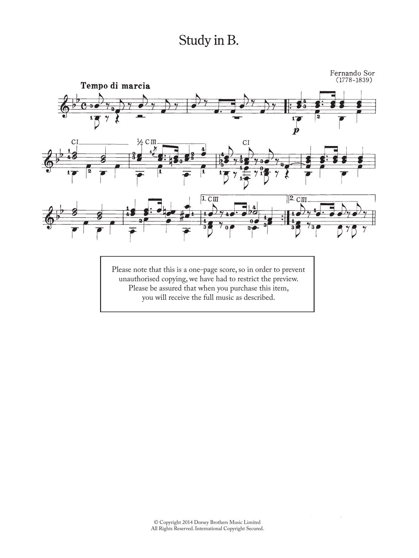 Fernando Sor Study In B sheet music notes and chords arranged for Easy Guitar