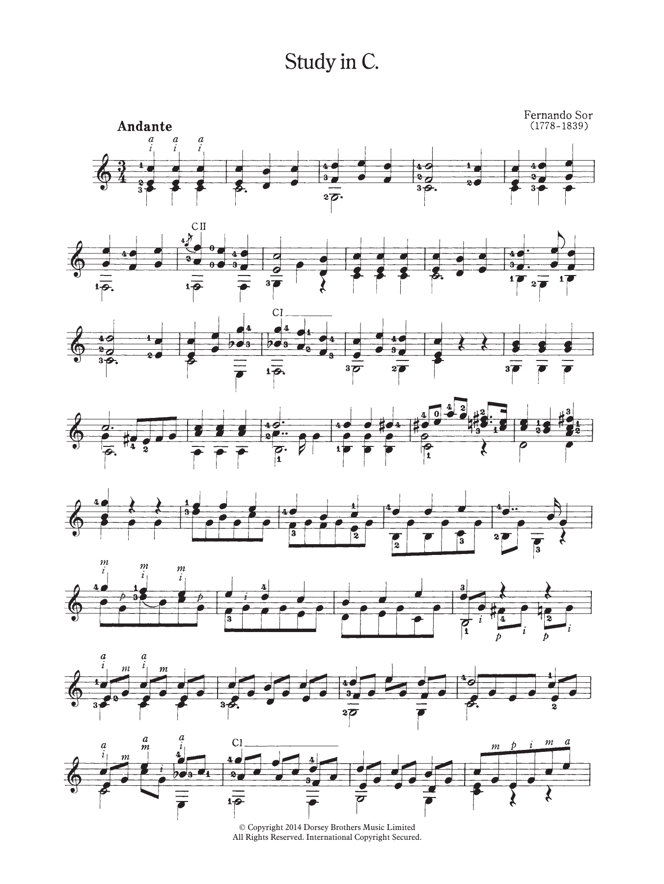 Fernando Sor Study In C sheet music notes and chords arranged for Easy Guitar