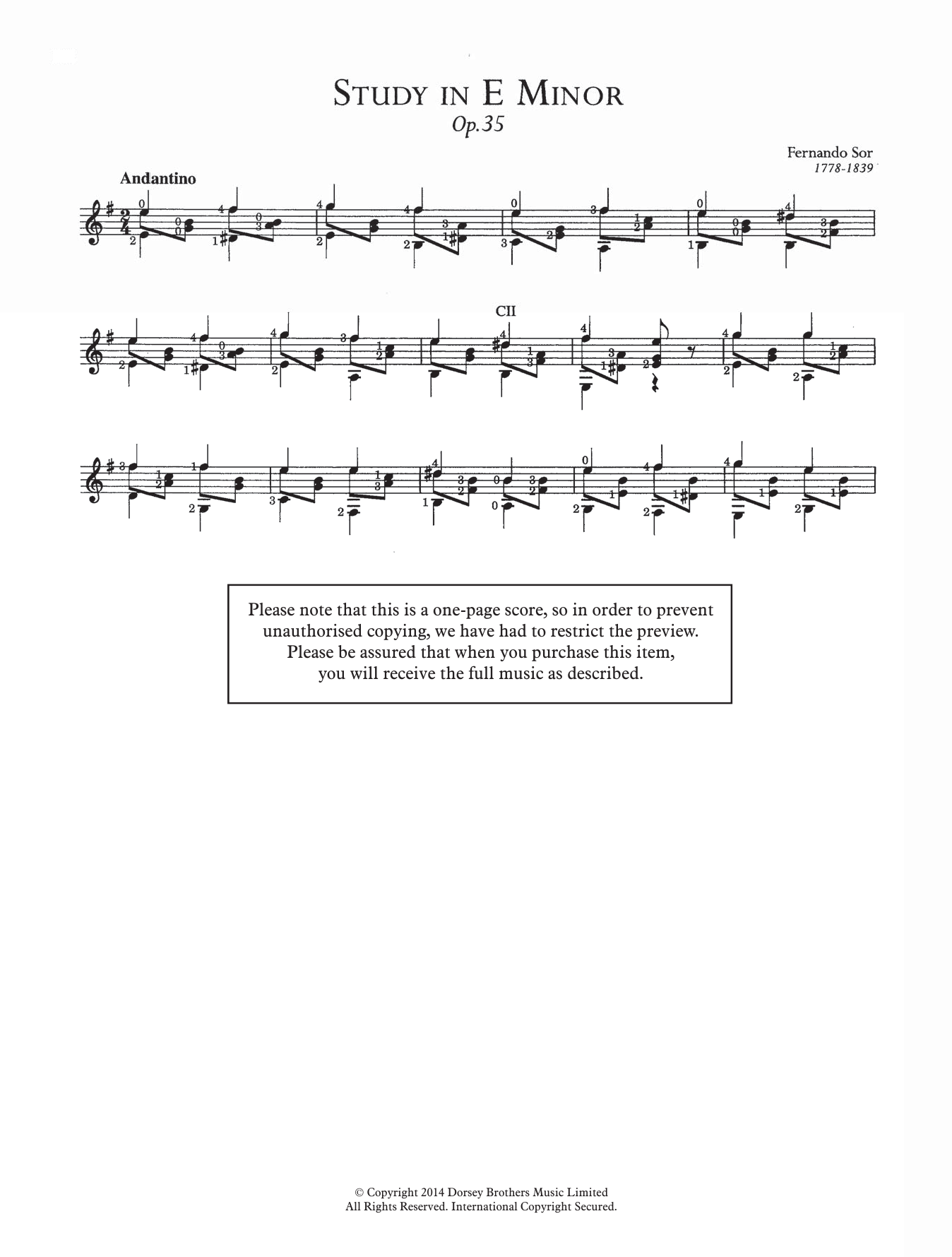 Fernando Sor Study In E Minor, Op.35 sheet music notes and chords arranged for Easy Guitar