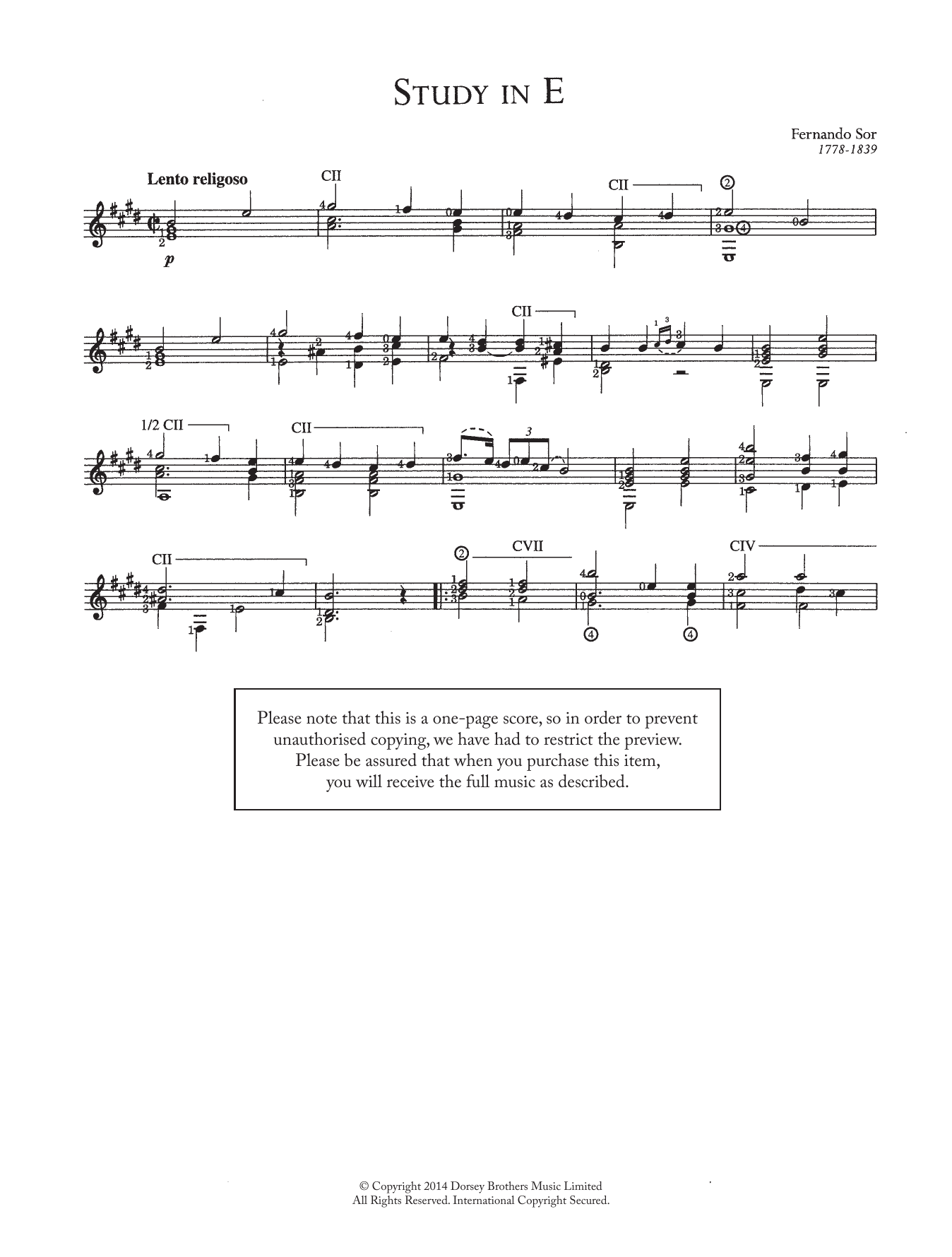 Fernando Sor Study In E sheet music notes and chords arranged for Easy Guitar