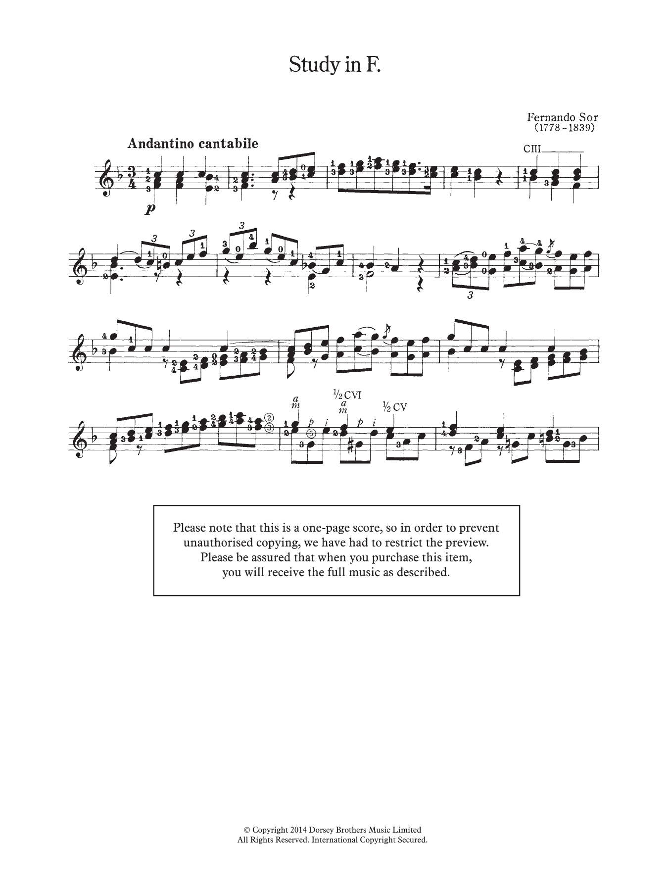 Fernando Sor Study In F sheet music notes and chords arranged for Easy Guitar