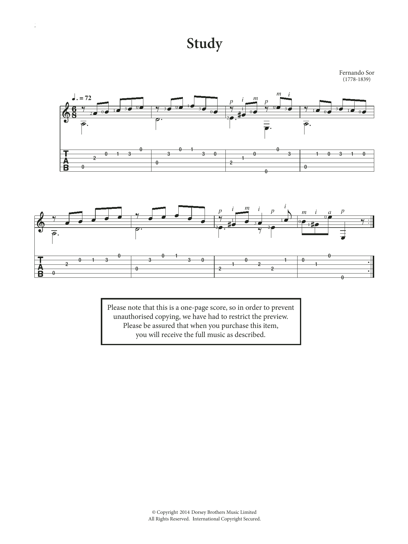 Fernando Sor Study sheet music notes and chords arranged for Easy Guitar