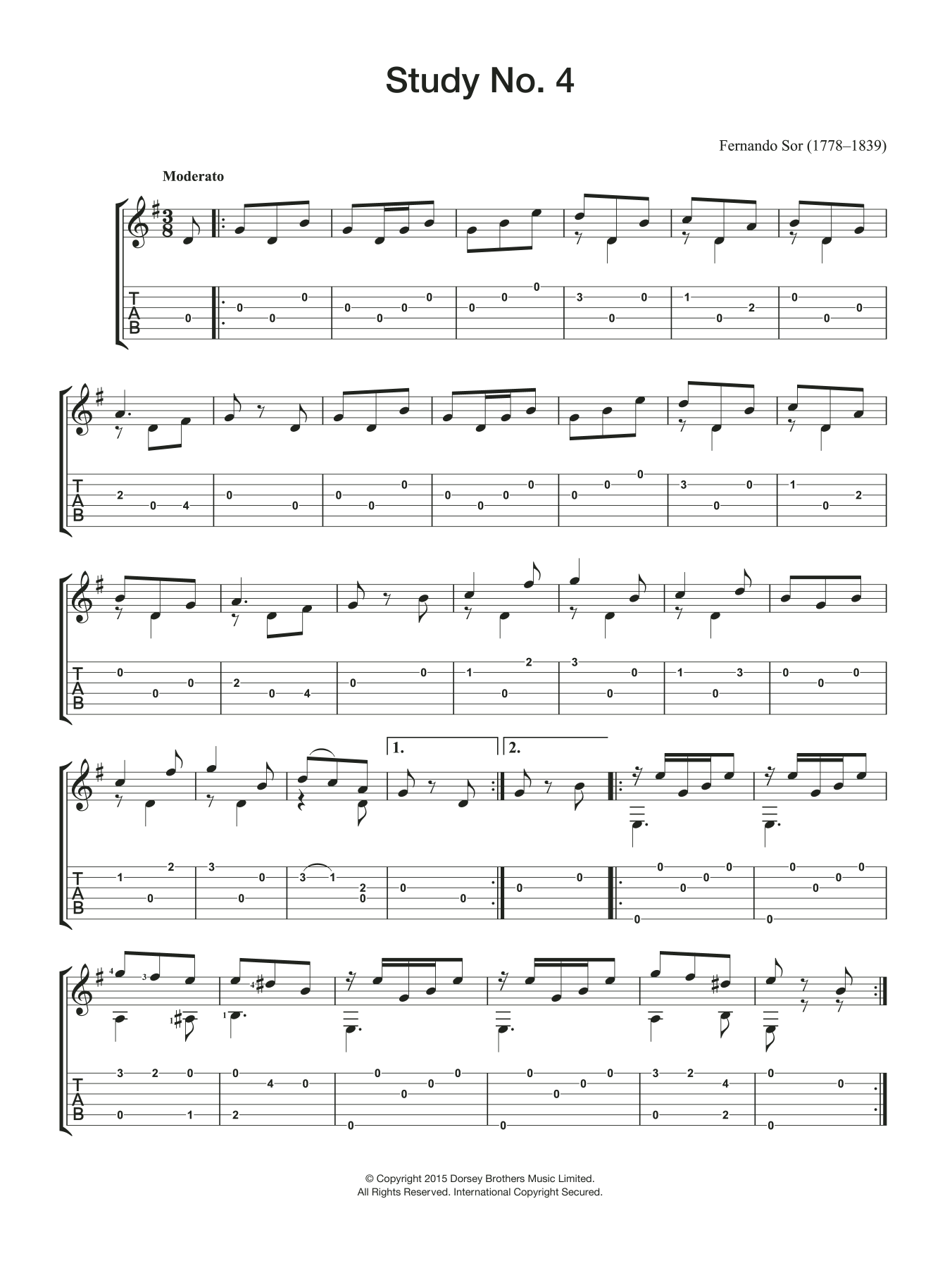 Fernando Sor Study No. 4 sheet music notes and chords arranged for Easy Guitar