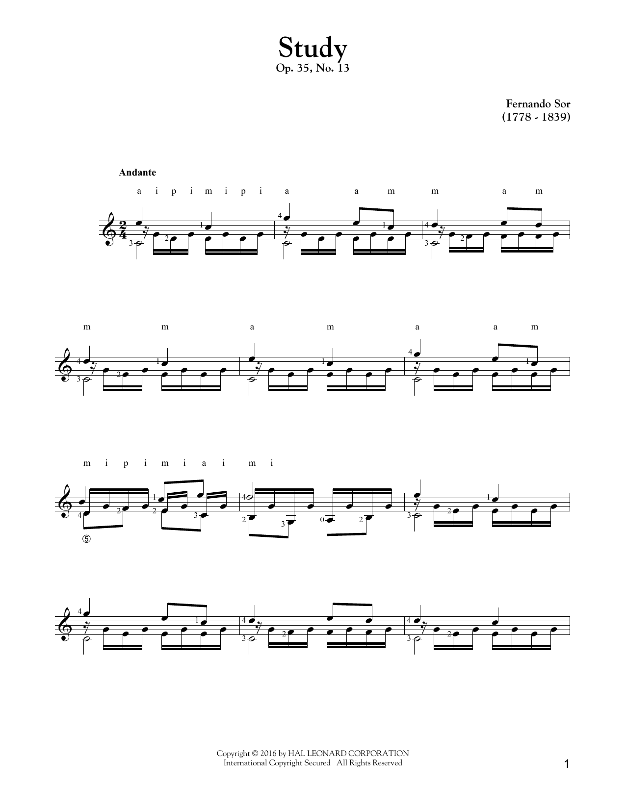 Fernando Sor Study Op. 35, No. 13 sheet music notes and chords arranged for Solo Guitar