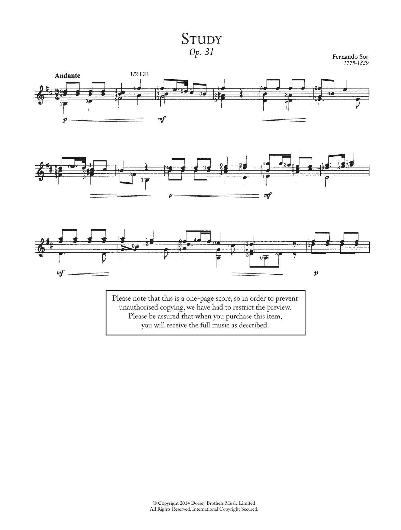 Fernando Sor Study, Op.31 sheet music notes and chords arranged for Easy Guitar
