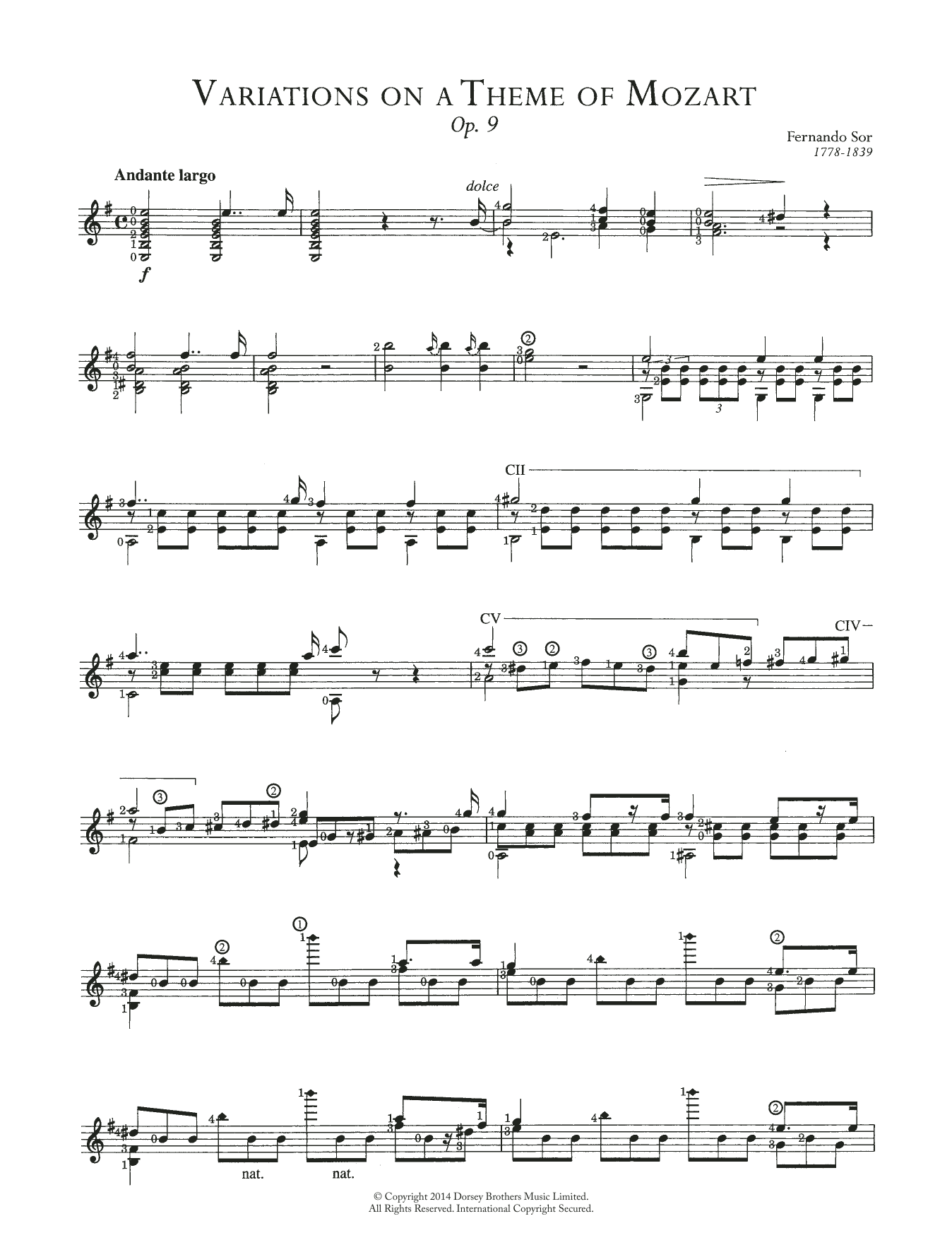 Fernando Sor Variations On A Theme Of Mozart Opus 9 sheet music notes and chords arranged for Easy Guitar