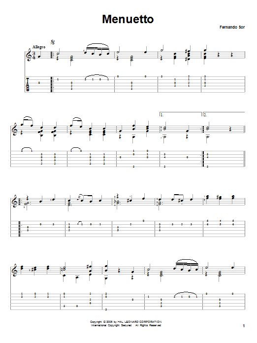 Fernando Sor Menuetto sheet music notes and chords arranged for Solo Guitar