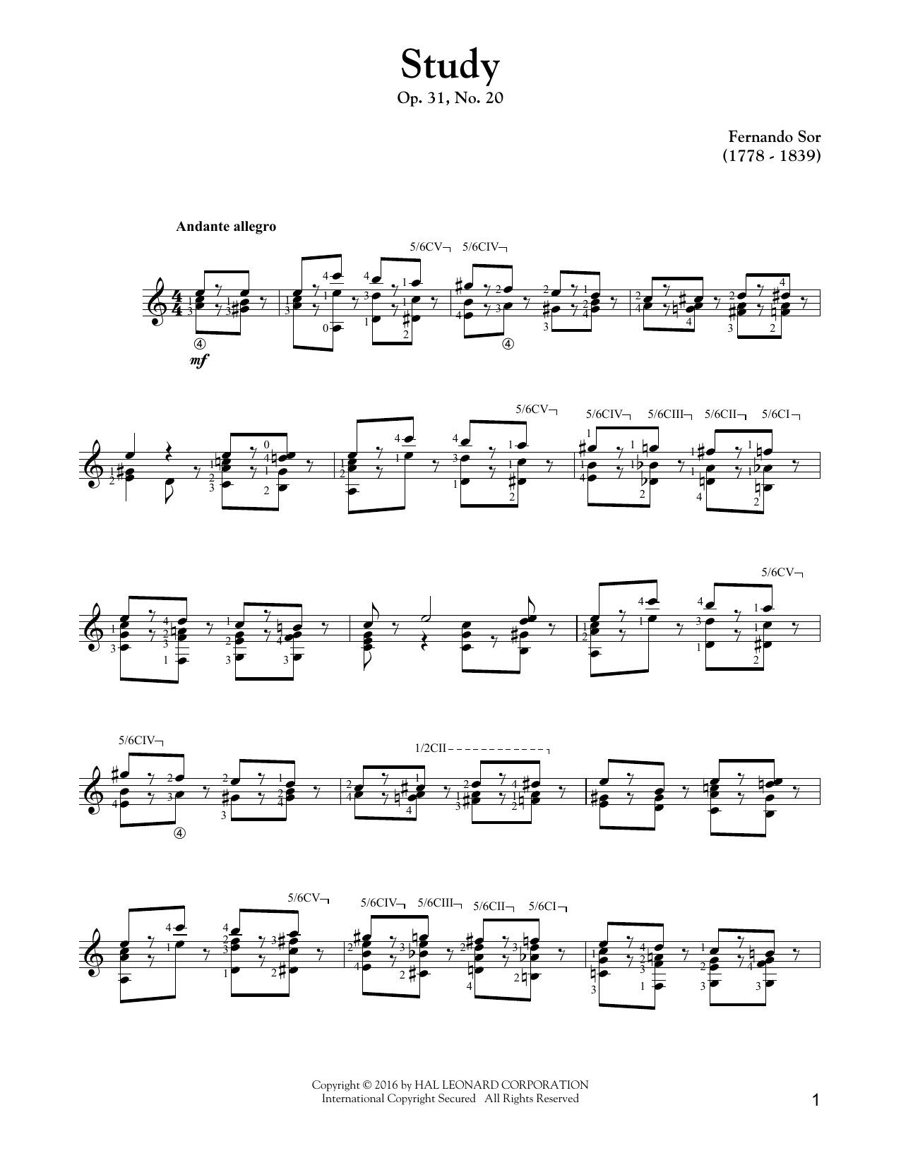 Fernando Sor Study Op. 31, No. 20 sheet music notes and chords arranged for Solo Guitar