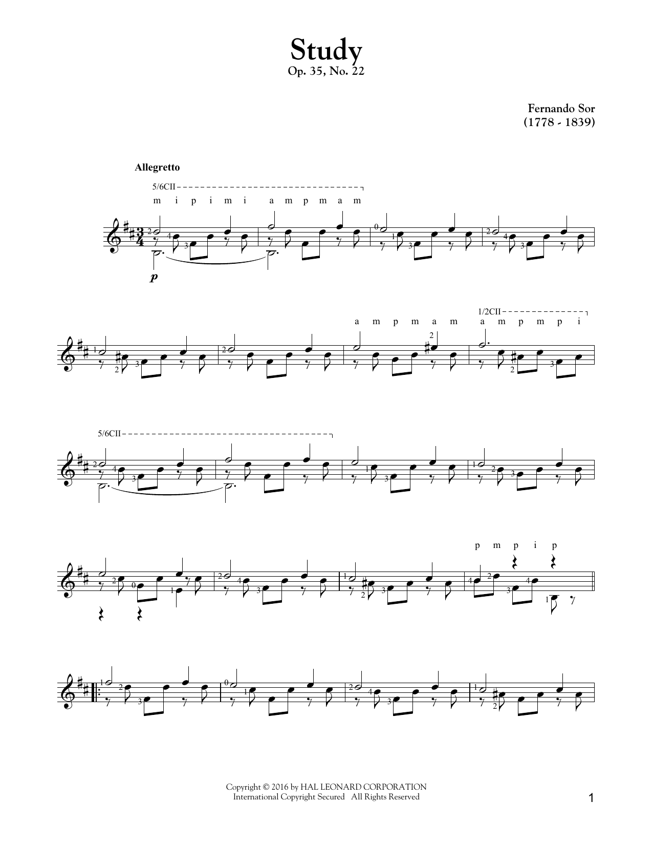 Fernando Sor Study Op. 35, No. 22 sheet music notes and chords arranged for Solo Guitar