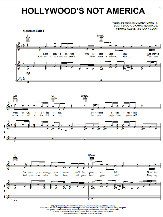 Ferras Hollywood's Not America sheet music notes and chords arranged for Piano, Vocal & Guitar Chords (Right-Hand Melody)