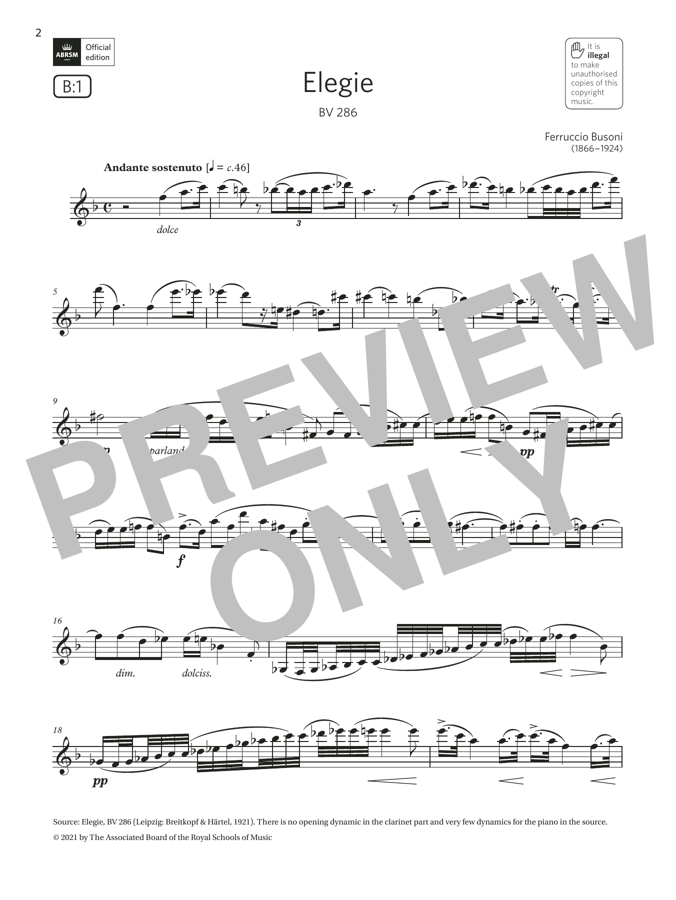 Ferruccio Busoni Elegie, BV 286 (Grade 7 List B1 from the ABRSM Clarinet syllabus from 2022) sheet music notes and chords arranged for Clarinet Solo