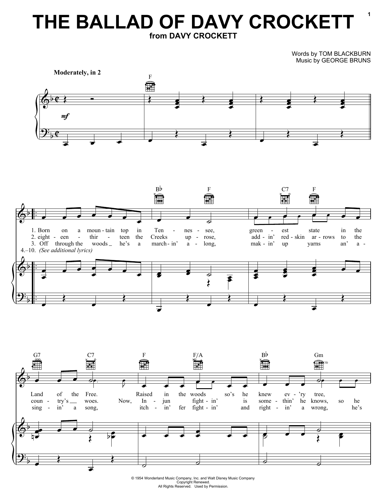 Fess Parker The Ballad Of Davy Crockett (from Davy Crockett) sheet music notes and chords arranged for Ukulele Chords/Lyrics