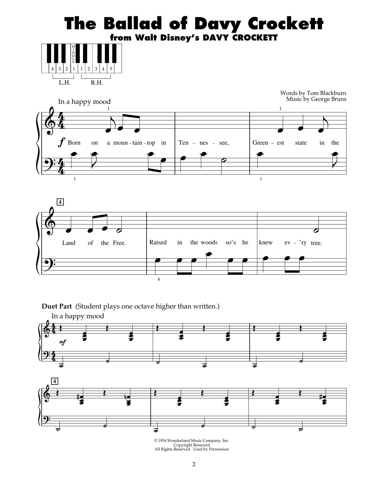 Fess Parker The Ballad Of Davy Crockett sheet music notes and chords arranged for 5-Finger Piano
