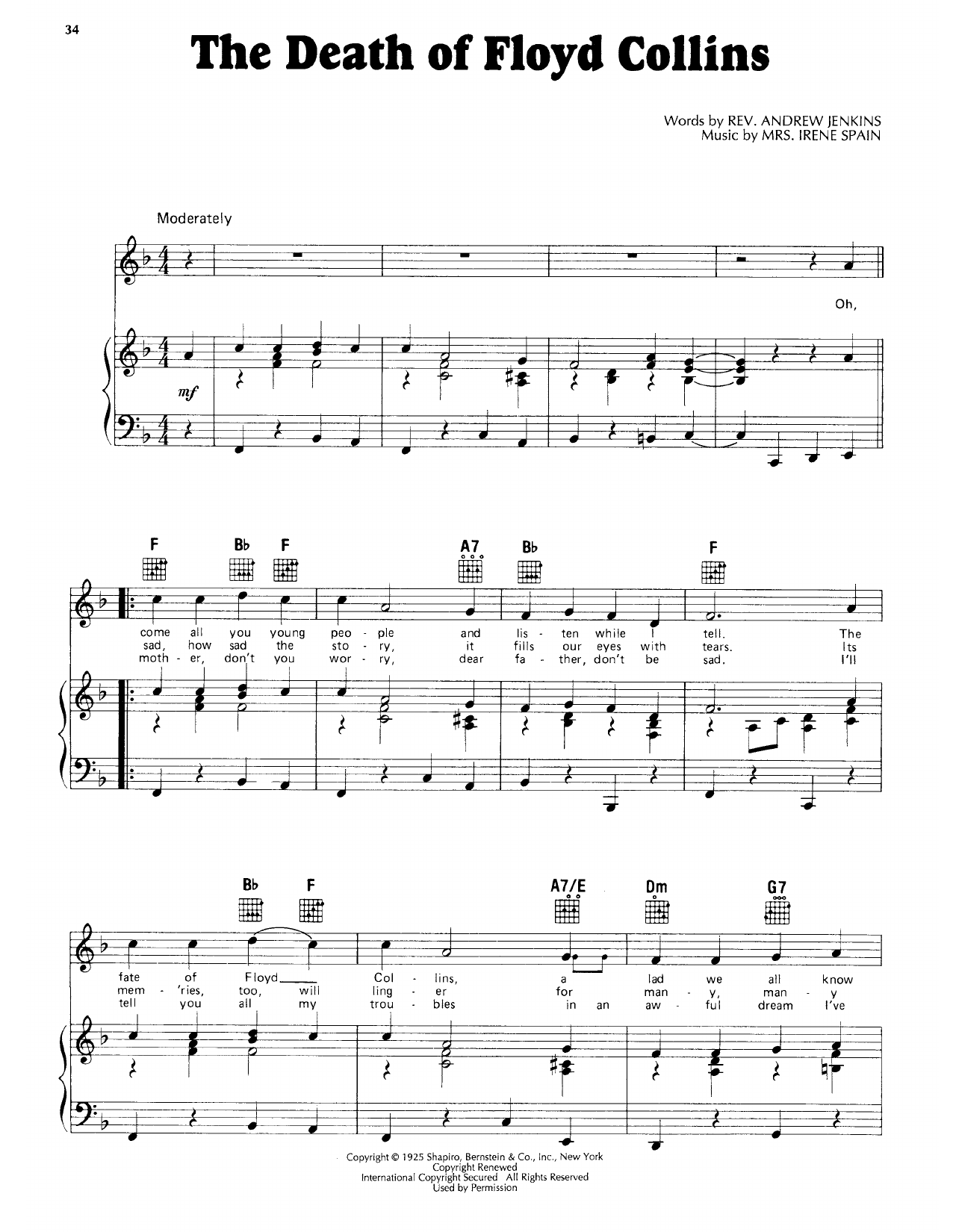 Fiddlin' John Carson The Death Of Floyd Collins sheet music notes and chords arranged for Piano, Vocal & Guitar Chords (Right-Hand Melody)