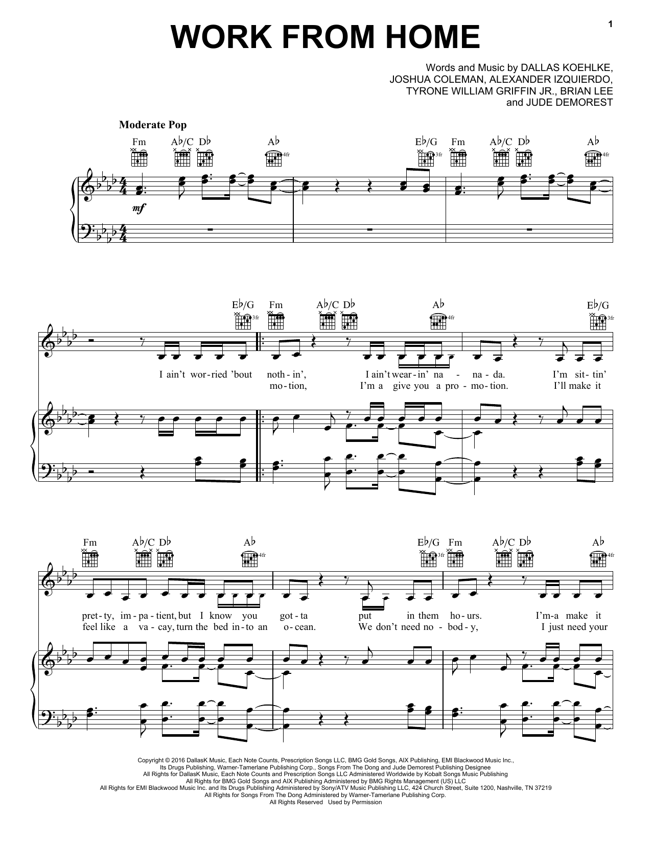 Fifth Harmony feat. Ty Dolla $ign Work From Home sheet music notes and chords arranged for Piano, Vocal & Guitar Chords (Right-Hand Melody)