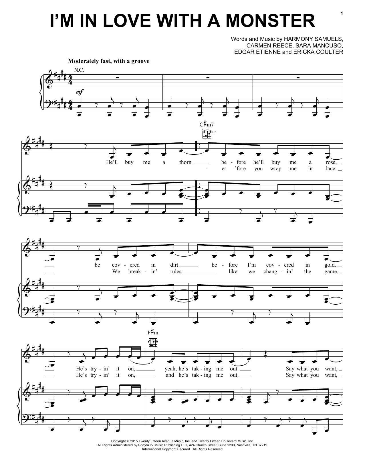 Fifth Harmony I'm In Love With A Monster sheet music notes and chords arranged for Piano, Vocal & Guitar Chords (Right-Hand Melody)