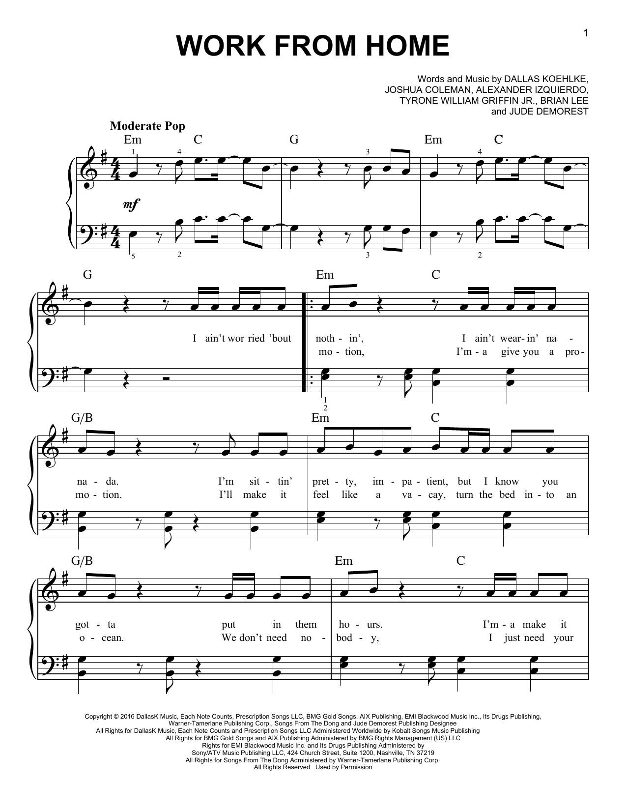 Fifth Harmony Work From Home (feat. Ty Dolla $ign) sheet music notes and chords arranged for Easy Piano