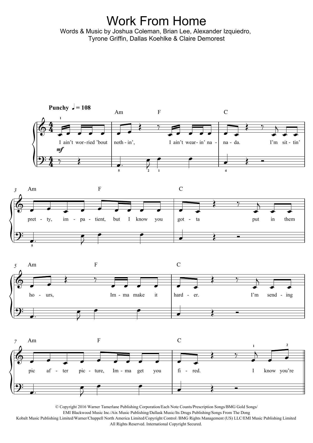 Fifth Harmony Work From Home (featuring Ty Dolla $ign) sheet music notes and chords arranged for Piano, Vocal & Guitar Chords