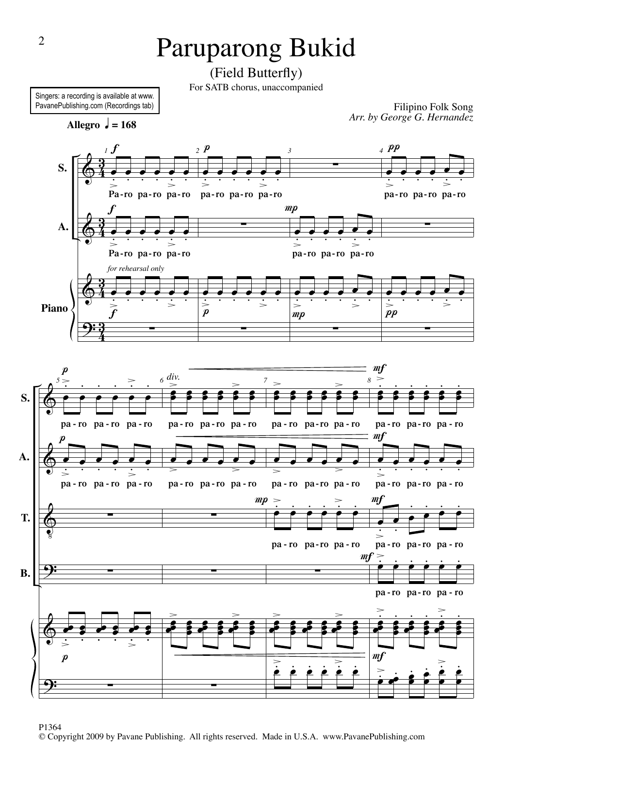 Filipino Folk Song Paruparong Bukid (Field Butterfly) (arr. George Hernandez) sheet music notes and chords arranged for SATB Choir