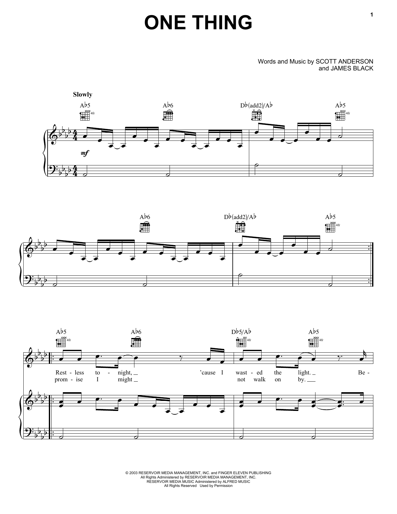 Finger Eleven One Thing sheet music notes and chords arranged for Piano, Vocal & Guitar Chords (Right-Hand Melody)